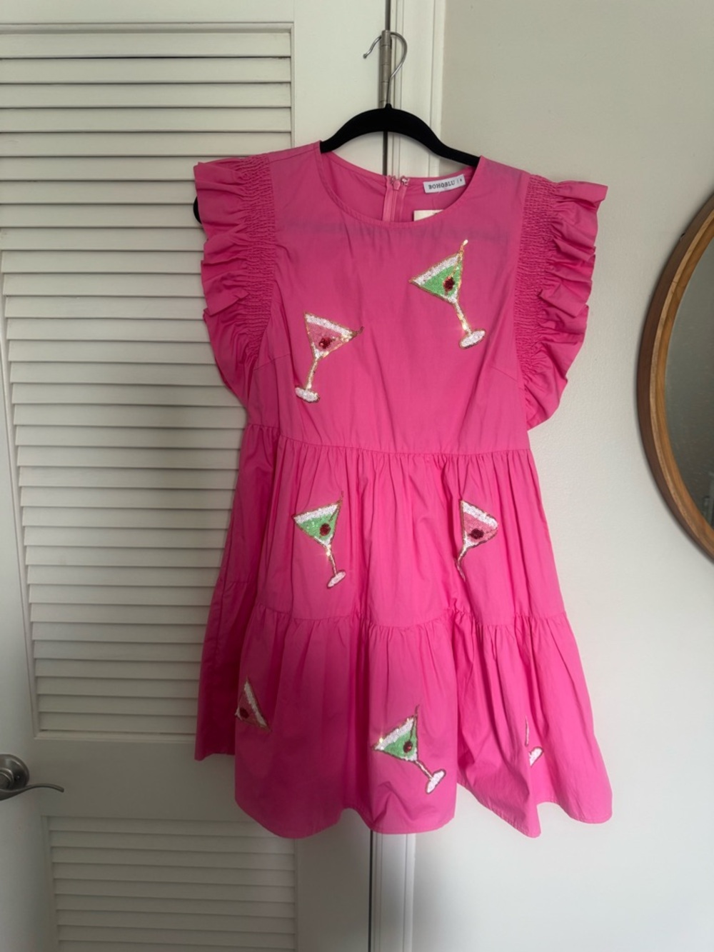 Bondi Pink Ruffle Sleeve Tiered Dress with Sequin Cocktail Motifs